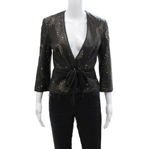 The WrightsWomens Leather Laser Cut Single Button Belted Jacket Black Size 4